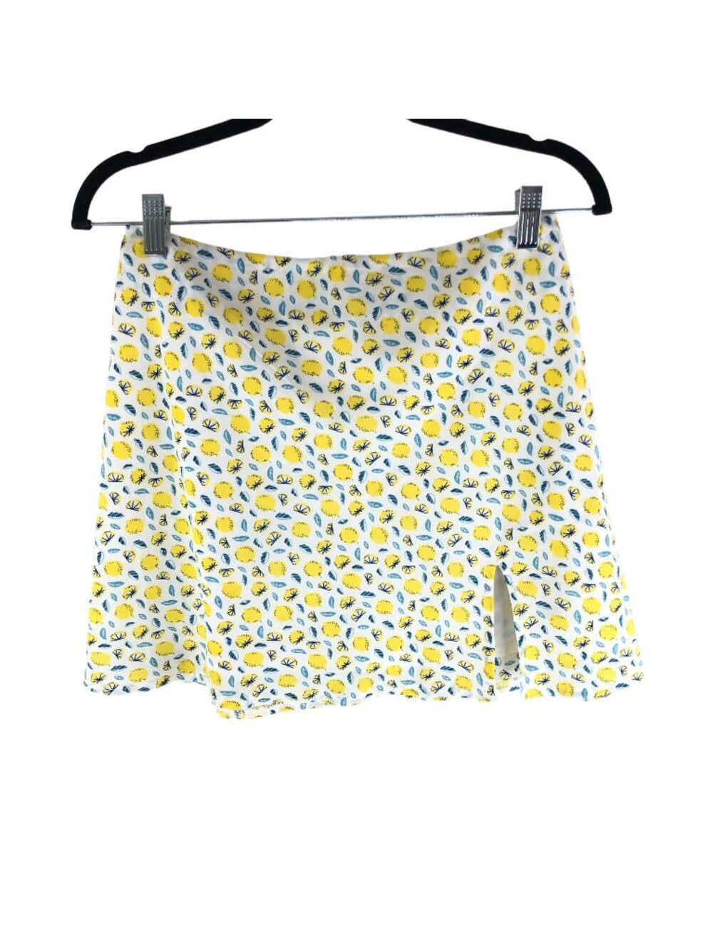 Princess Polly Mini Skirt Lemon Novelty Print Slit Satin White Yellow 6